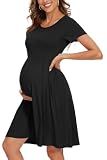 WOOXIO Women's Short Sleeve Maternity Dress Patchwork Pregnancy Clothes with Pockets Medium,Black