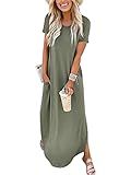 ANRABESS Womens Summer Maxi Dress Short Sleeve Casual Loose Long T Shirt Dresses Split Vacation Beach Sundress Travel Outfits Olive Large