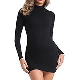 Chongbaijia Long Sleeve Dress for Women Ribbed Mock Turtleneck Slim Fit Fall Dresses Bodycon Short Dresses Fashion Clothes Black