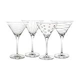 Mikasa Cheers 10-Ounce Martini Glasses, Fun Etched Designs, Durable Clear Glass Cocktail Glassware, Set of 4, Perfect for Entertaining and Gifting