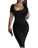 Nimsruc Womens Summer Casual Sexy Short Sleeve Bodycon Dress Basic Pencil Midi Club Dresses Black M