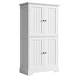 ChooChoo Bathroom Floor Cabinet, Modern Bathroom Storage Cabinet with 4 Doors and Adjustable Shelves, Freestanding Cupboard for Living Room, White