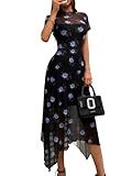 GothDark Women's 2025 Summer Floral Print Vintage Goth Dress Mesh Spliced Double-Layered Irregular Hemline Midi Dress
