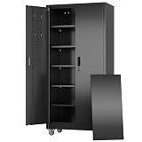 Aobabo Lockable Metal Garage Storage Cabinet with Wheels and Door Pegboard, 5 Adjustable Shelves for Tools, Workshop, Office and Home Utility Storage, Black, 16" D x 32" W x 71" H,Required Assembly