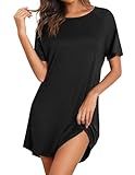Ekouaer Nightgowns for Women Bamboo Viscose Sleep Shirts Short Sleeve Nightshirt Casual Sleepdress Soft Sleepwear Black Large