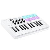 25 Key USB MIDI Keyboard Controller With 8 Backlit Drum Pads, Bluetooth Semi Weighted Professional dynamic keybed 8 Knobs and Music Production,Software Included (White)