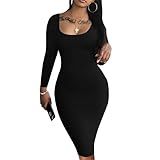 Nimsruc Womens Autumn Casual Sexy Long Sleeves Bodycon Dress Basic Pencil Midi Club Dresses Black M