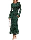 ZESICA Women's Long Sleeve Floral Bodycon Dress 2025 Fall Fashion Ruched Mesh Wedding Guest Cocktail Party Maxi Dresses, Green, M