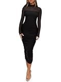 REORIA Women's Fall Mesh Sheer Long Sleeve Midi Ruched Bodycon Dress Sexy Slim Mock Neck Elegant Club Evening Party Cocktail Dresses Black Small
