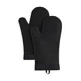 KITCHENAID Ribbed Soft Silicone Oven Mitt 2-Pack Set, Matte Black, 7.5"x13"