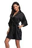 Women's Short Satin Kimono Bride Bridesmaid Wedding Robes,Black