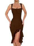 BORIFLORS Women's Sexy Ruched Bodycon Midi Cocktail Dresses,L,Coffee