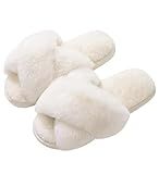 Evshine Women's Fuzzy Slippers Cross Band Memory Foam House Slippers Open Toe Indoor Outdoor Shoes, White, 38-39 (Size 7-8)