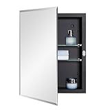 IDYLLOR Black Bathroom Medicine Cabinet with Beveled Edge Mirrored Door 14 x 18 inch, Recessed or Surface Mount, with Adjustable Glass Shelves