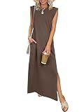 ANRABESS Women Summer Casual Sleeveless Maxi Dress 2026 Crewneck Loose Split Wrinkle-Free Beach Travel Vacation Long Sundress Brown Medium
