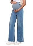 BLENCOT Maternity Jeans for Women Over Belly Straight Leg Adjustable Waisted Stretchy Denim Fall Work Cotton Ripped Trendy Pregnancy Boyfriend Jean with Pockets Large Dark Blue