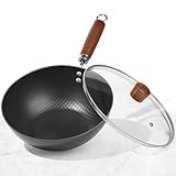 BrBrGo Carbon Steel Wok, 10.5" Wok Pan Set With Lid, Stir-Fry Pans Set, 1.65lb Lightweight Flat Bottom Small Wok