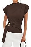 PRETTYGARDEN Women Blouses Spring Dressy Cap Sleeve Mock Neck Work Shirts Buckle Tunic Summer Business Casual Tops 2026(Brown,Medium)