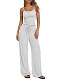 Trendy Queen Womens 2 Piece Lounge Set Summer Camisole Top & Wide Leg Pants Oatmeal Grey M