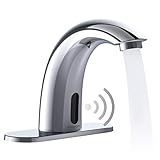 PRIMSOPH Automatic Motion Sensor Hands Free Electronic Infrared Smart Commercial Touchless Bathroom Sink Faucet with Cover Plate Temperature Mixer Battery or Plug-in Powered Chrome