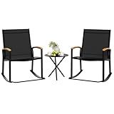 Shintenchi 3 Piece Outdoor Rocking Bistro Set, Textilene Fabric Small Patio Furniture Set, Front Porch Rocker Chairs Conversation Set with Table for Lawn, Garden, Balcony, Poolside (Black)