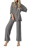 Ekouaer Lounge Sets for Women Short Sleeve Tops and Long Pants Soft Comfy Pajamas Set 2 Piece Outfits,Dark Gray,XXL