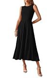 BTFBM Women Midi Bodycon Tank Dress Summer Crewneck Sleeveless Pleated A Line Business Casual Knit Sweater Fall Dresses(Black, Medium)