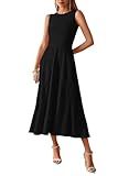 BTFBM Women Midi Bodycon Tank Dress Summer Crewneck Sleeveless Pleated A Line Business Casual Knit Sweater Fall Dresses(Black, Medium)