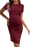 Ekouaer Maternity Dress Women's Ribbed Lettuce Edge Round Neck Bodycon Pregnancy Dress Soft Maternity Clothes （Wine Red,L