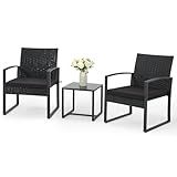 Bezseller 3 Pieces Patio Furniture Set, Outdoor Rattan Bistro Set with Coffee Table, Durable Steel Frame with Strapped Cushions for Garden, Balcony, Poolside, Backyard