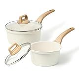 CAROTE 1.5Qt & 3.0Qt Sauce Pan Sets with Lid Cooking Pots Nonstick Saucepans Cookware Set with Pour Spout Small Kitchen Pot, Induction Comptable, Easy to Clean, PFOA FREE (White Granite)