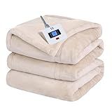 Sealy Electric Blanket Twin Size, Flannel Heated Blanket with 10 Heating Levels & 1-12 Hours Auto Shut Off, Fast Heating Warm Blanket, Machine Washable, Beige, 62 x 84 Inch
