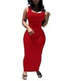 PINSV Women's Sexy Bodycon Tank Dress Basic Sleeveless Long Maxi Dresses Party Club Beach Sundresses Red A XL