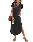 MISFAY Women's Summer Casual Maxi Dress 2026 Short Sleeves V Neck Loose Sundress Split Long Beach Sundress Vacation Outfit(Black,M)
