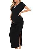 Smallshow Women's Split Long Maternity Dress Short Sleeve Ruched Pregnancy Clothes Medium Black