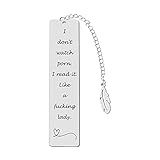 Teniinet Metal Bookmark Gift, 'I Don't Watch Porn. I Read it Like a Fking Lady' Stainless Steel Leaf Pendant Book Mark with Box for Women, Men, Friends, Teacher, Classmate, Book Lovers
