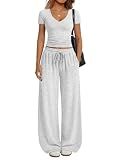 Trendy Queen 2 Piece Lounge Sets for Women Summer 2026 Two Piece Matching Loungewear Sweat Sets Spring Fashion Travel Airport Outfits Sweatsuits Casual Cute Clothes Track Suits Oatmeal Grey M