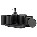 ZCCZ Black Matte Bathroom Accessories Set 6 Pieces - Toothbrush Holder, Lotion Dispenser, Qtip Container, Vanity Tray, Tumbler - Countertop Organizer for Bathrooms - Elegant and Functional Décor Set