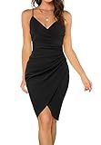 OWIN Wedding Guest Dresses for Women V Neck Spaghetti Strap Ruched Bodycon Wrap Dress Sexy Cocktail Party Club Dresses with Tulip Hem Black M