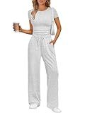Trendy Queen Womens 2 Two Piece Set 2025 Summer Workout Beach Vacation Gym Clothes Fall Fashion Lounge Matching Sweatsuit Sweat Teacher School Wide Leg Pant Travel Outfit Fitness Athletic Clothing