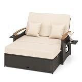 LDAILY Moccha Outdoor Wicker Daybed, Patio Rattan Loveseat Sofa w/ 4-Level Adjustable Backrest, Folding Panels, Storage Ottoman & Cushions, Lounge Furniture Set for Poolside Backyard Porch (Beige)