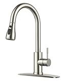 FORIOUS Kitchen Faucets with Pull Down Sprayer, Brushed Nickel High Arc Single Handle Stainless Steel Bar Sink Faucet with Deck Plate for 1 or 3 Hole, Suitable for Farmhouse RV Camper Laundry