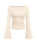 PRETTYGARDEN Women's Long Sleeve Shirts 2025 Fall Crop Going Out Tops Casual Boat Neck Bell Sleeve Ribbed Ruched Y2K Clothes (Beige,Small)