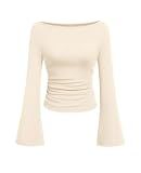 PRETTYGARDEN Womens Bell Long Sleeve Ribbed Knit Tops,Beige,M