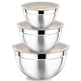 P&P CHEF Khaki Mixing Bowls with Lids, Set of 3, Stainless Steel Salad Nesting Bowl for Mixing, Storing, Prepping, Airtight & Stackable, Size 4.6/3 /1.5 QT