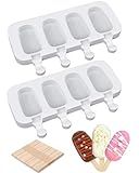 Ouddy Life Popsicle Molds Set of 2, Ice Pop Molds Silicone 4 Cavities Ice Cream Oval Cake Pop Mold with 50 Wooden Sticks for DIY Popsicle, Clear