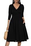 Nmoder Wrap Dress Cocktail Casual Dresses for Women Wedding Guest Fit and Flare V Neck 3/4 Sleeve Midi Dress with Pockets Black