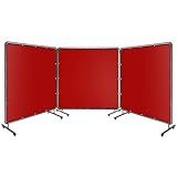 3 Panel 6x6 FT Vinyl Welding Screen with Frame, Flame-Resistant PVC Welding Curtain with Lockable Swivel Wheels, Transparent Welding Screen Panel for Welding Safety, Red