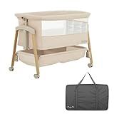 évolur Lullaby Portable Bassinet with Wheels, Adjustable Bedside Sleeper, Breathable Mesh Sides, Large Storage Basket, Easy Fold, and Travel Bag Included, Perfect for Newborns & Infants - Biege