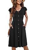 WNEEDU Women Summer Dresses Sleeveless Casual Loose Swing Button Down Midi Dress with Pockets(Black,M)